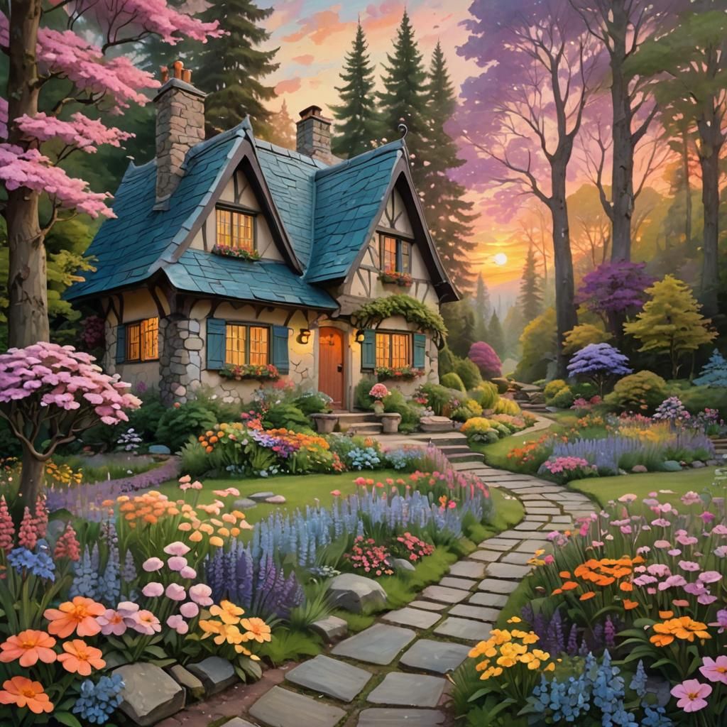 Cozy Cottage in Forest Garden, Impressionist Style