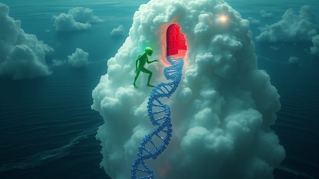 Ethereal Alien Ascends to Crimson Door in Surreal Dreamscape