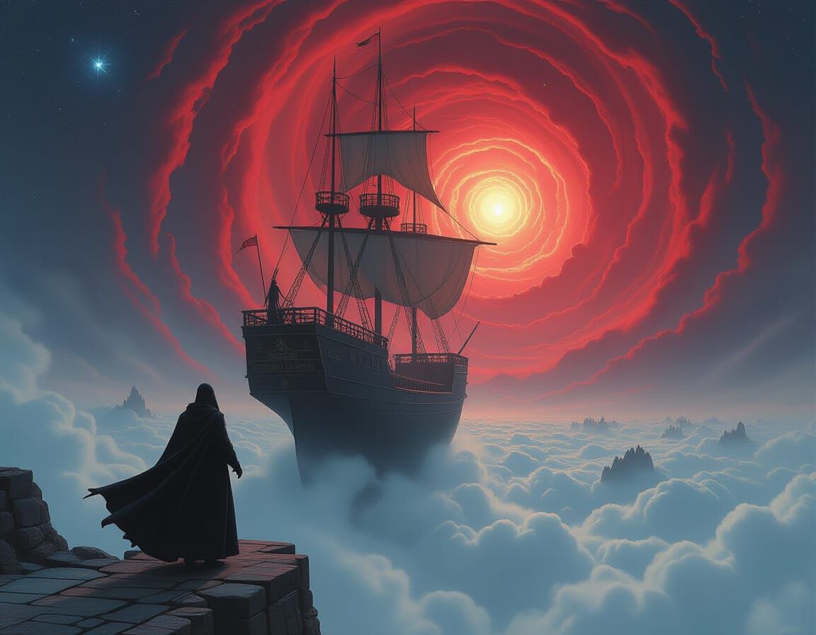 Ghost Ship Sails Crimson Vortex Above Earth