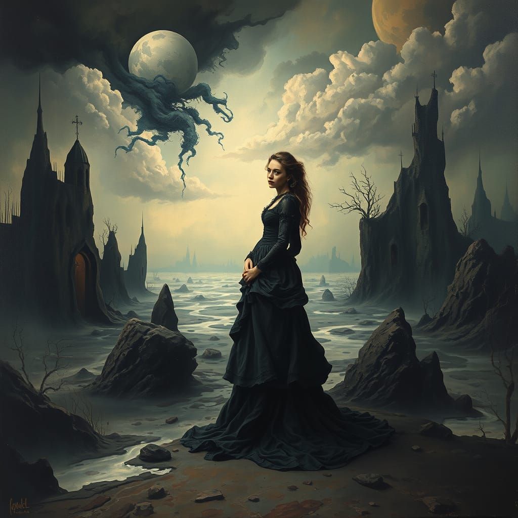 Surreal Victorian Woman in Dreamlike Landscape