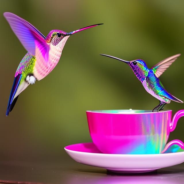 Hummingbirds sipping from a pink teacup