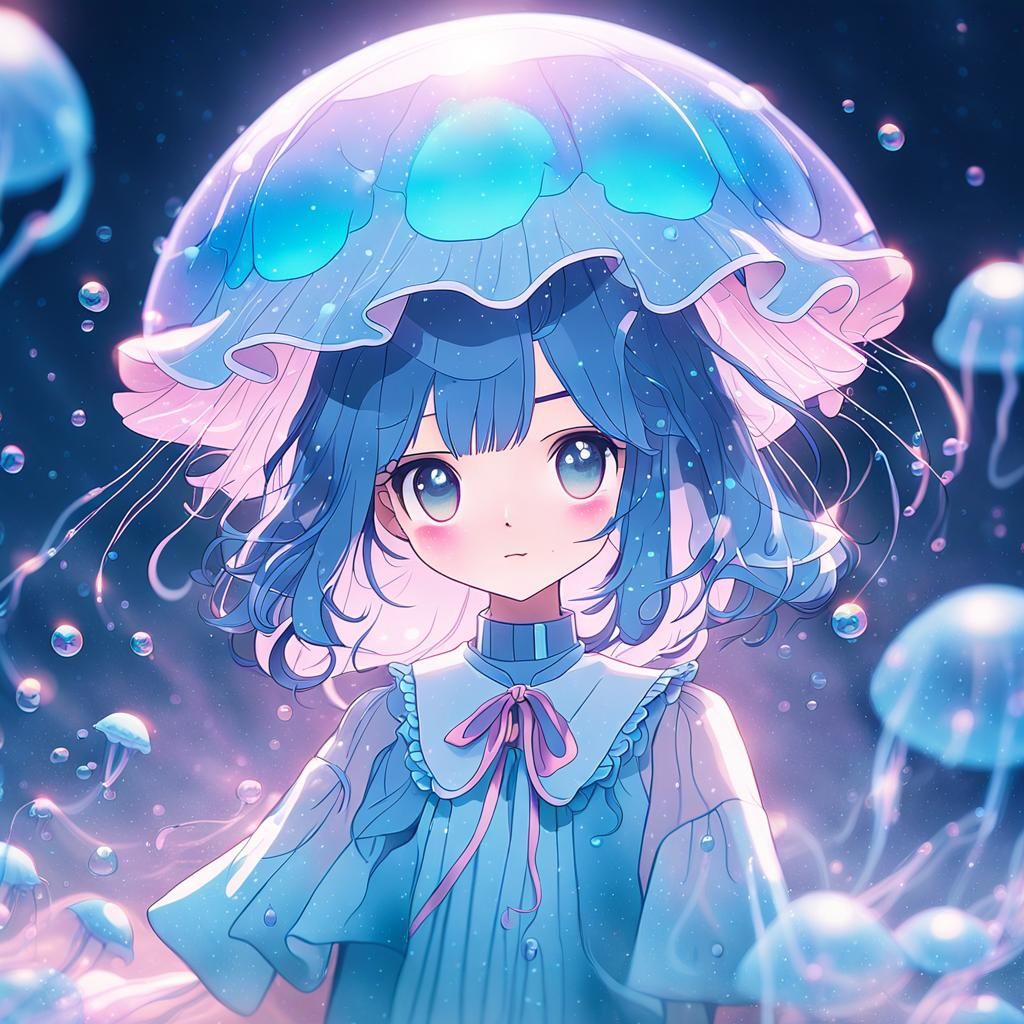 Pastel Anime: Shy Jellyfish Girl with Water Bubbles