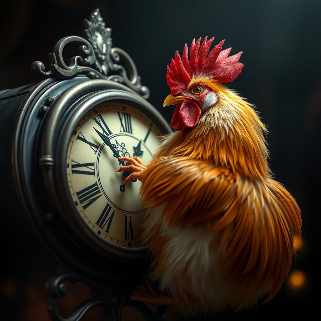 Hyperrealistic Rooster Plays with Clock Hands