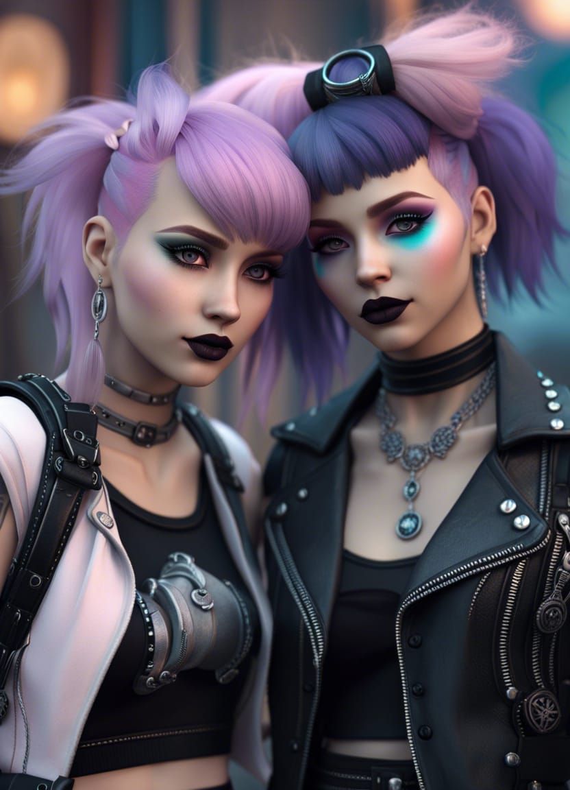 Pastel Goth Punk Lesbian Couple in Dieselpunk Style