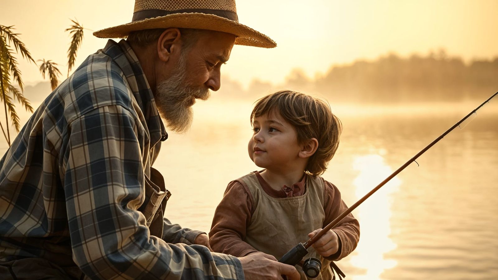 Heartwarming Sepia Photo of Fishing Lesson