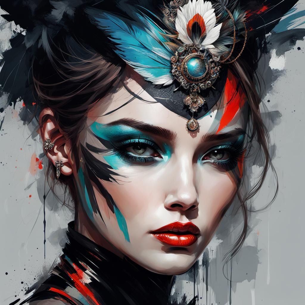 Detailed Body Art Portrait in Mixed Media Style