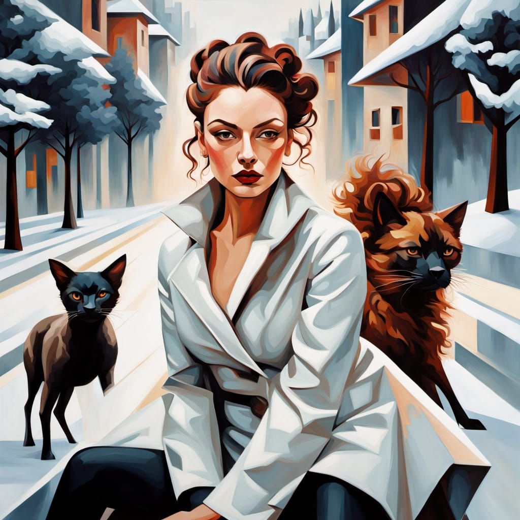 Dramatic Woman in Geometric Cityscape Oil Painting