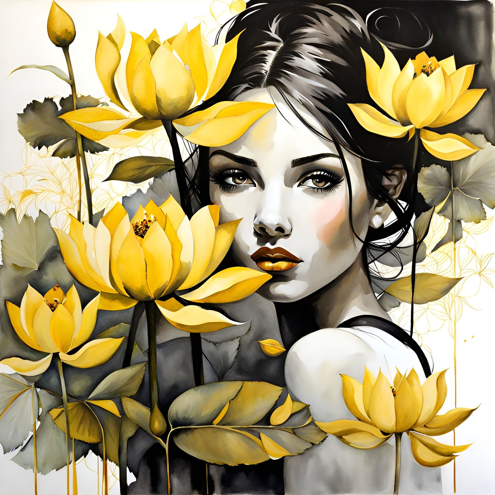 Girl in Yellow with Gold Leaf Details