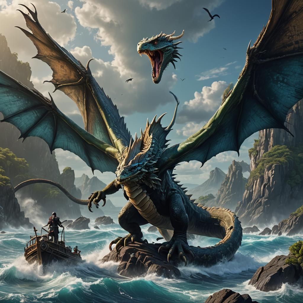Giant Basilisk Soaring Above Blue Tears Ocean