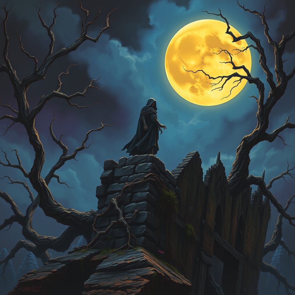 Mysterious Figure Amidst Ancient Ruins Under a Haunting Full...