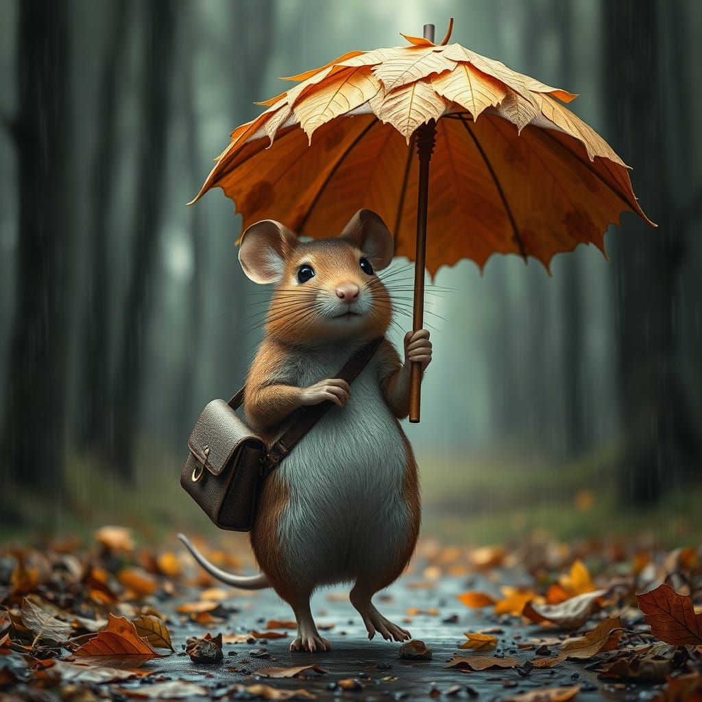 Whimsical Autumn Mouse with Umbrella