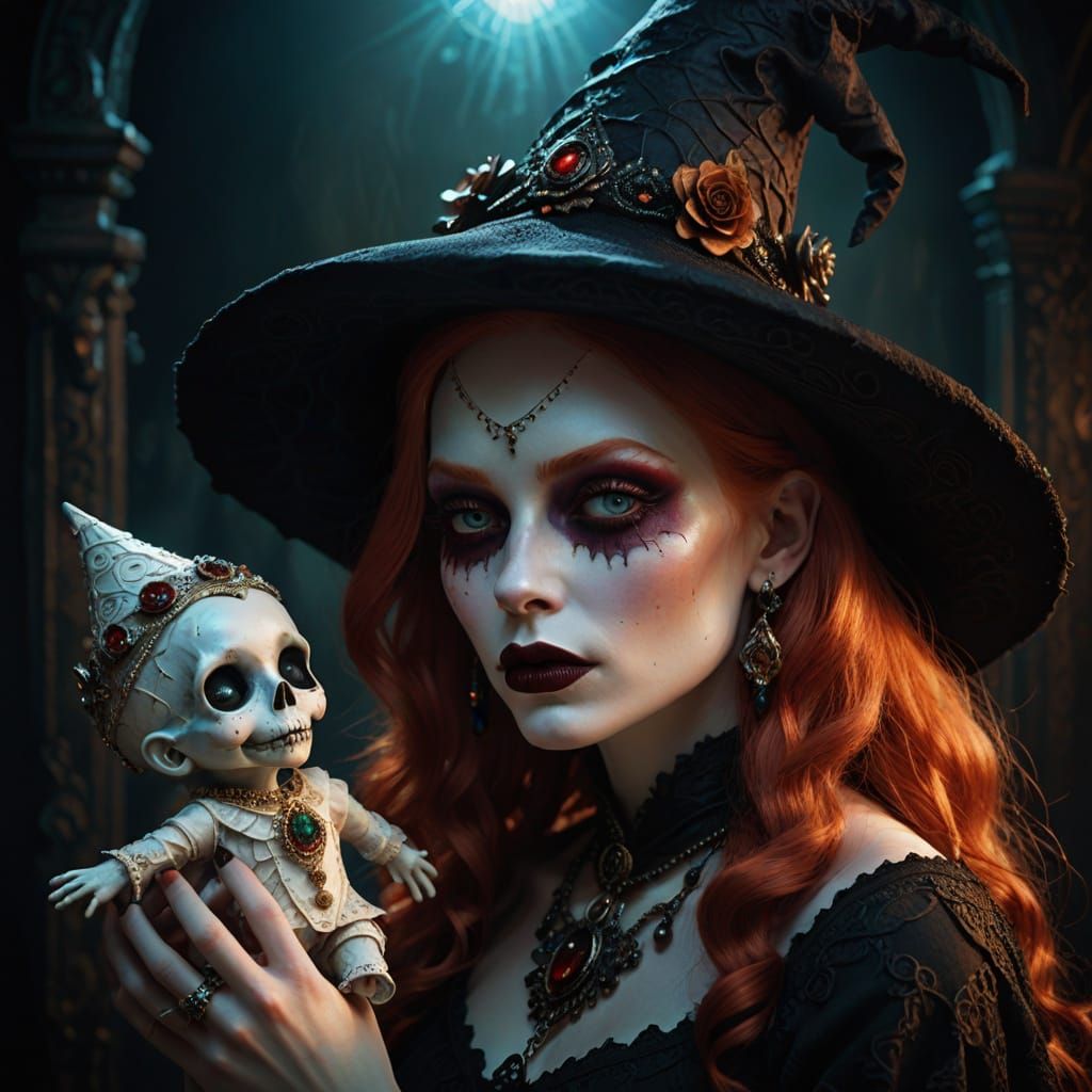 Gothic Femme Fatale With Witch Hat And Voodoo Doll