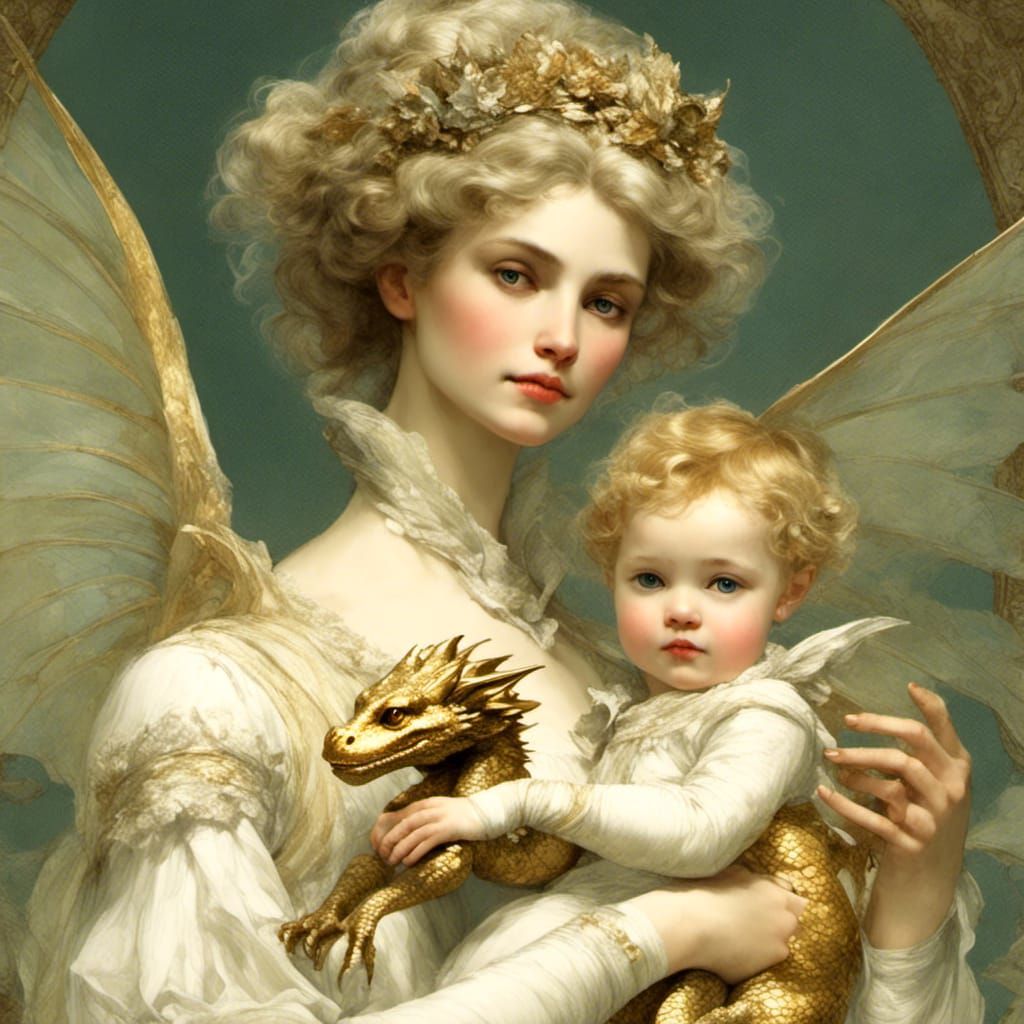 Regency Lady Cuddles Tiny Golden Dragon