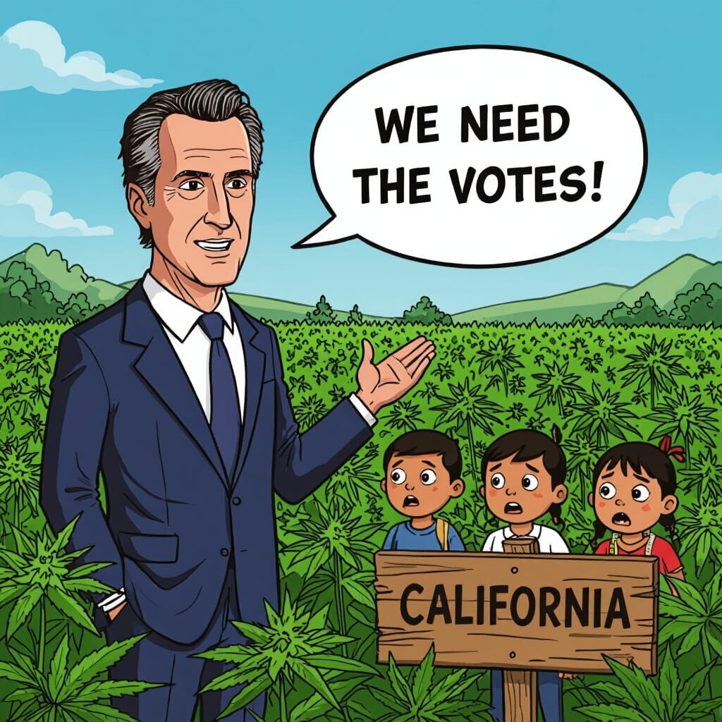 Cartoon of Gavin Newsom in Marijuana Field