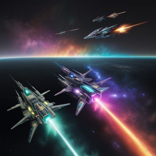 Epic Space Battleship Clash in Vibrant Rainbow Nebula