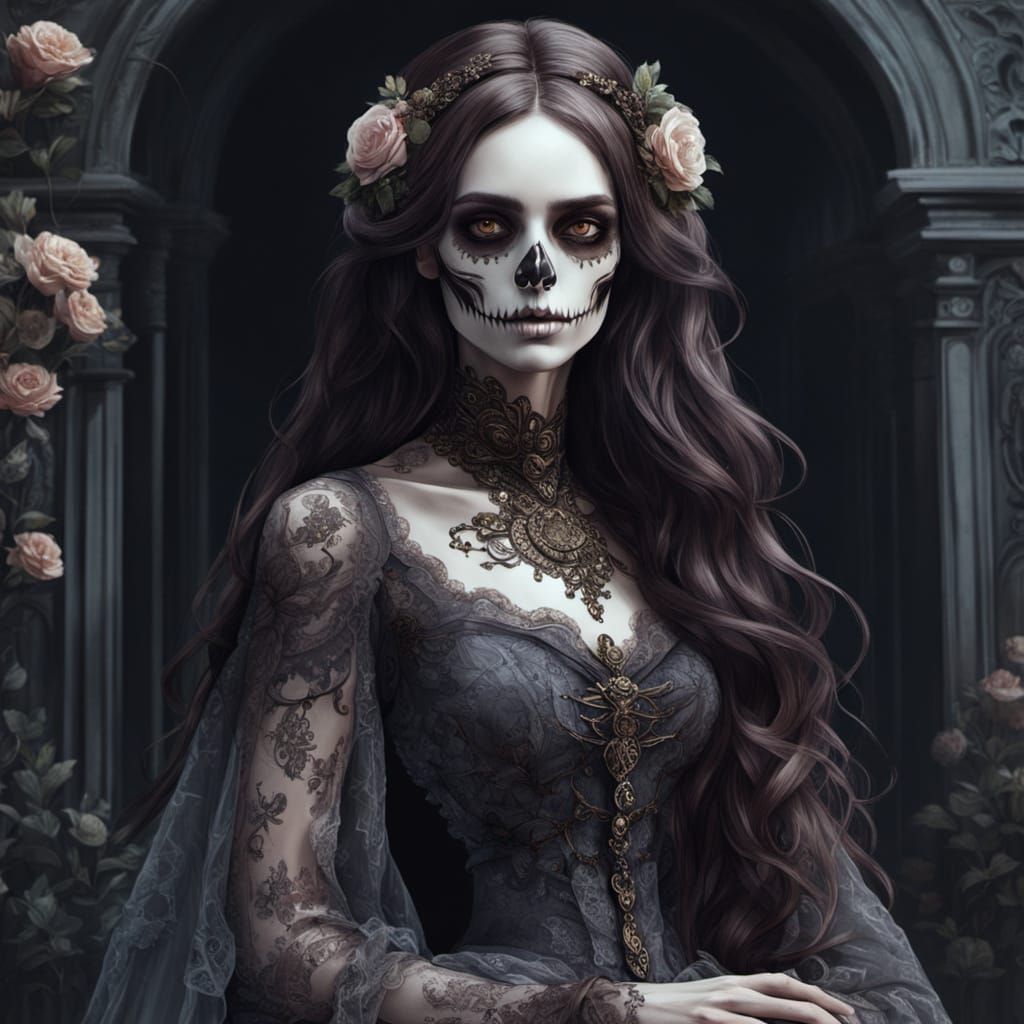 Ethereal Skeleton Maiden in Victorian Gothic Dress