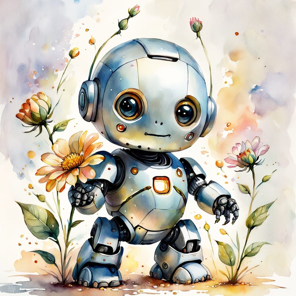 Baby Robot Presents Flower in Watercolor Impressionism