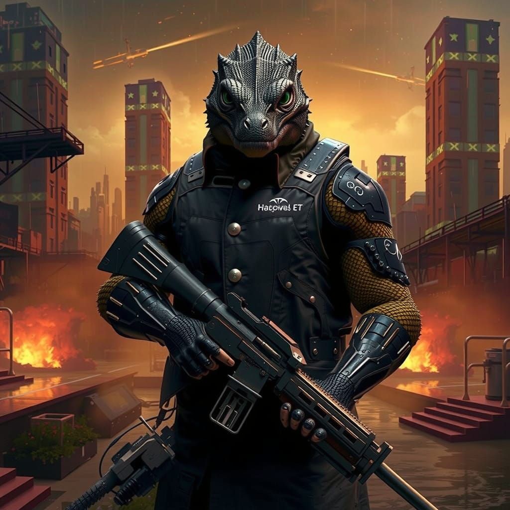 Futuristic Reptilian Warrior in Neon Cityscape