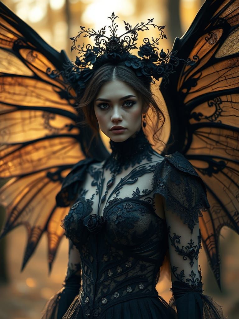 Dreamlike Italian Woman in Ethereal Black Lace Outfit