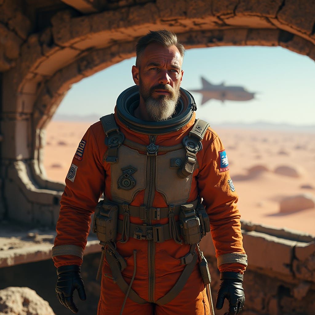 Grizzled Space Veteran on Desert Planet Derelict