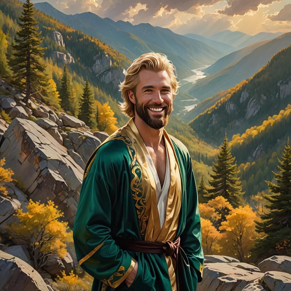 Blond Man on Rocky Mountainside: Oil Painting