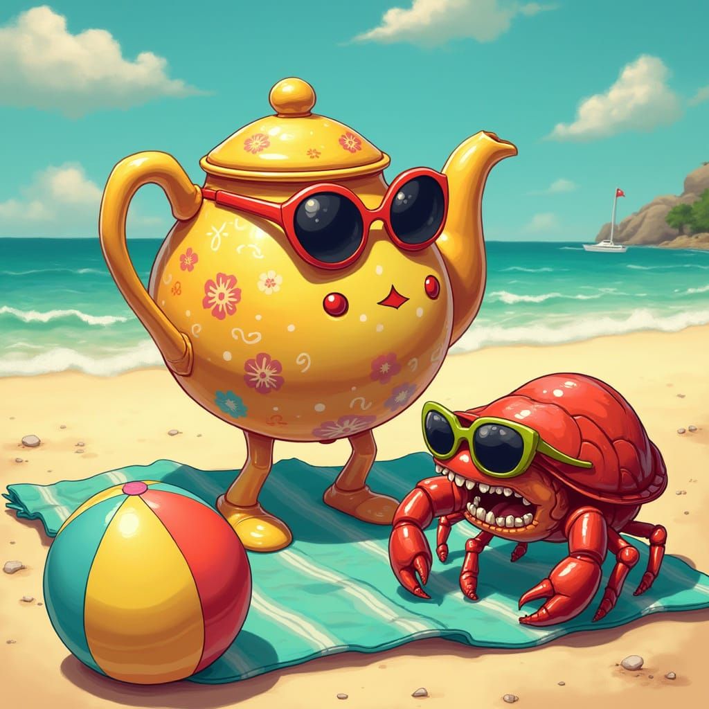 Surreal Beach Scene with Frightened Teapot and Menacing Crab