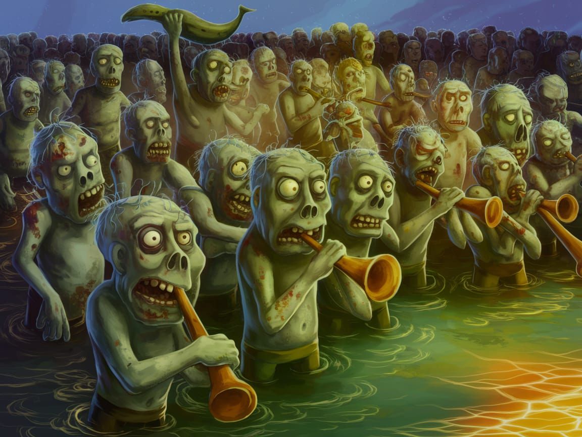 Surreal Cartoon Zombies Emerge from the Sunset Ocean