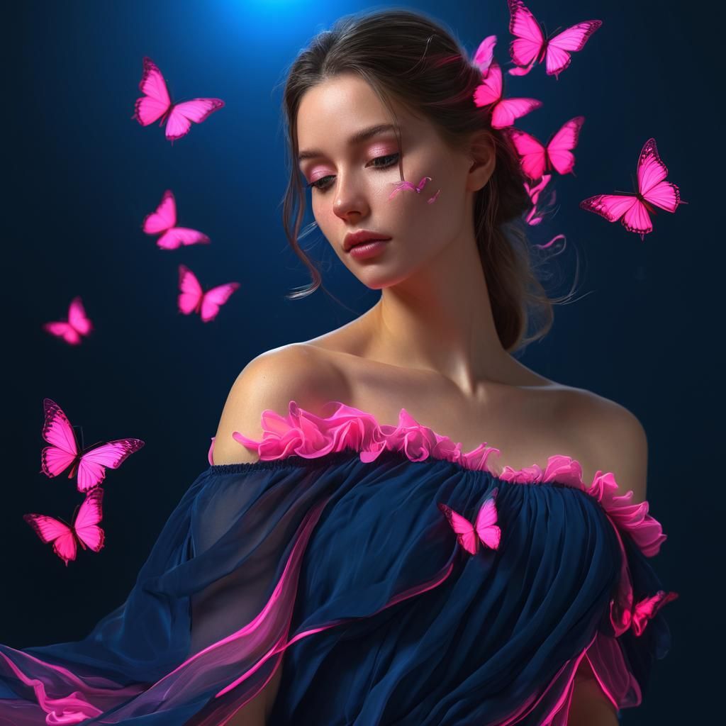Ethereal Woman in Neon Dress: Vivid Digital Art