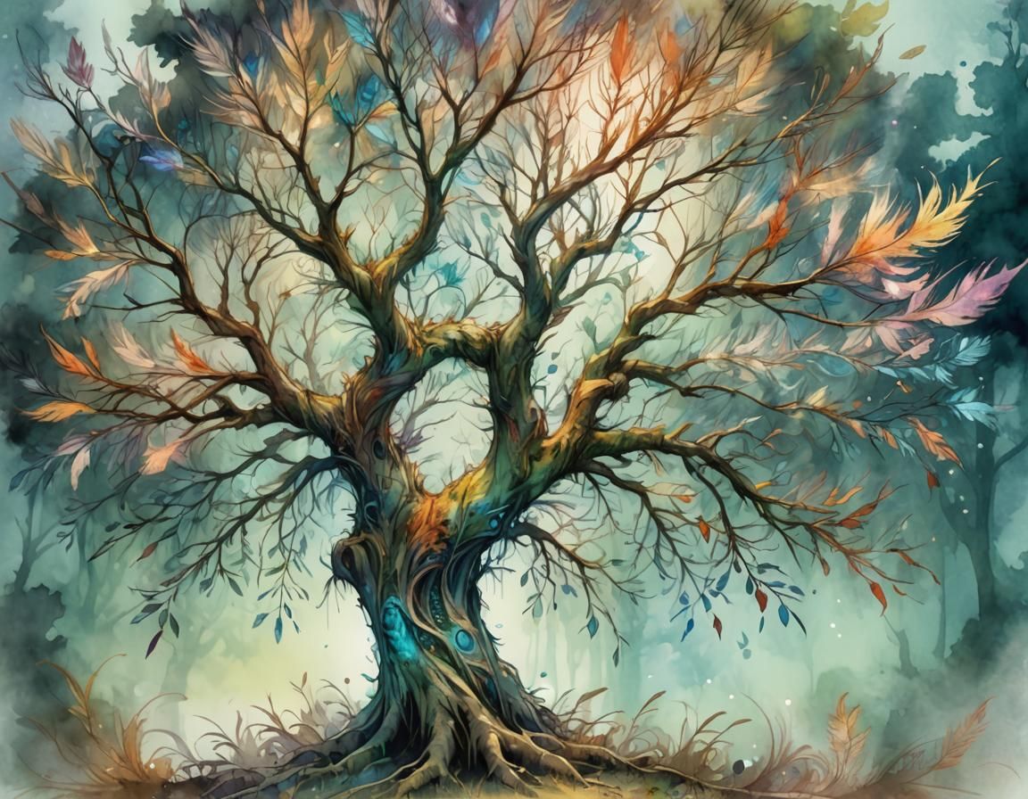 Feathered Fantasy Tree: Digital Watercolor Illustration