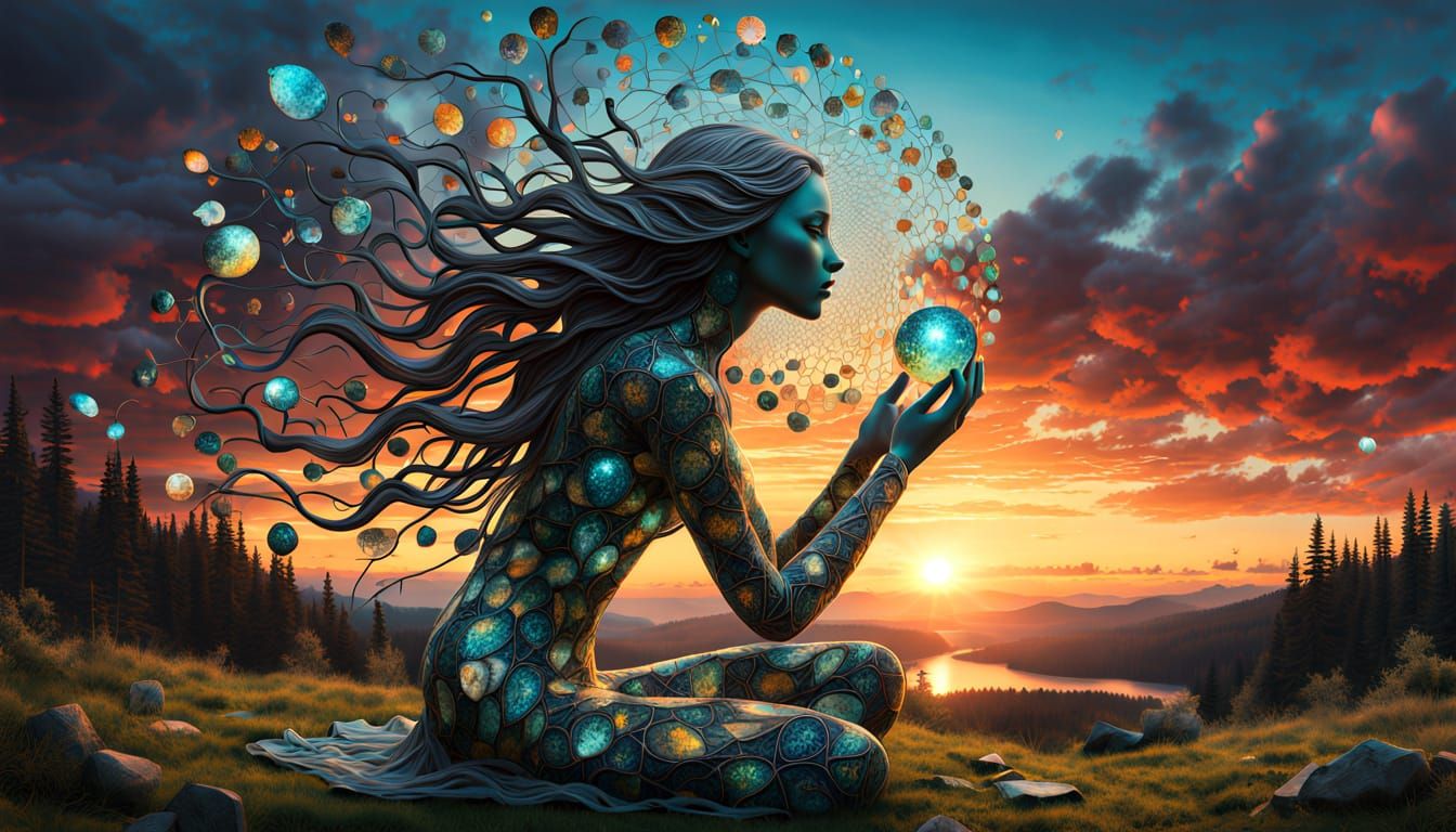 Surreal Fragmented Sculpture of Woman at Sunset