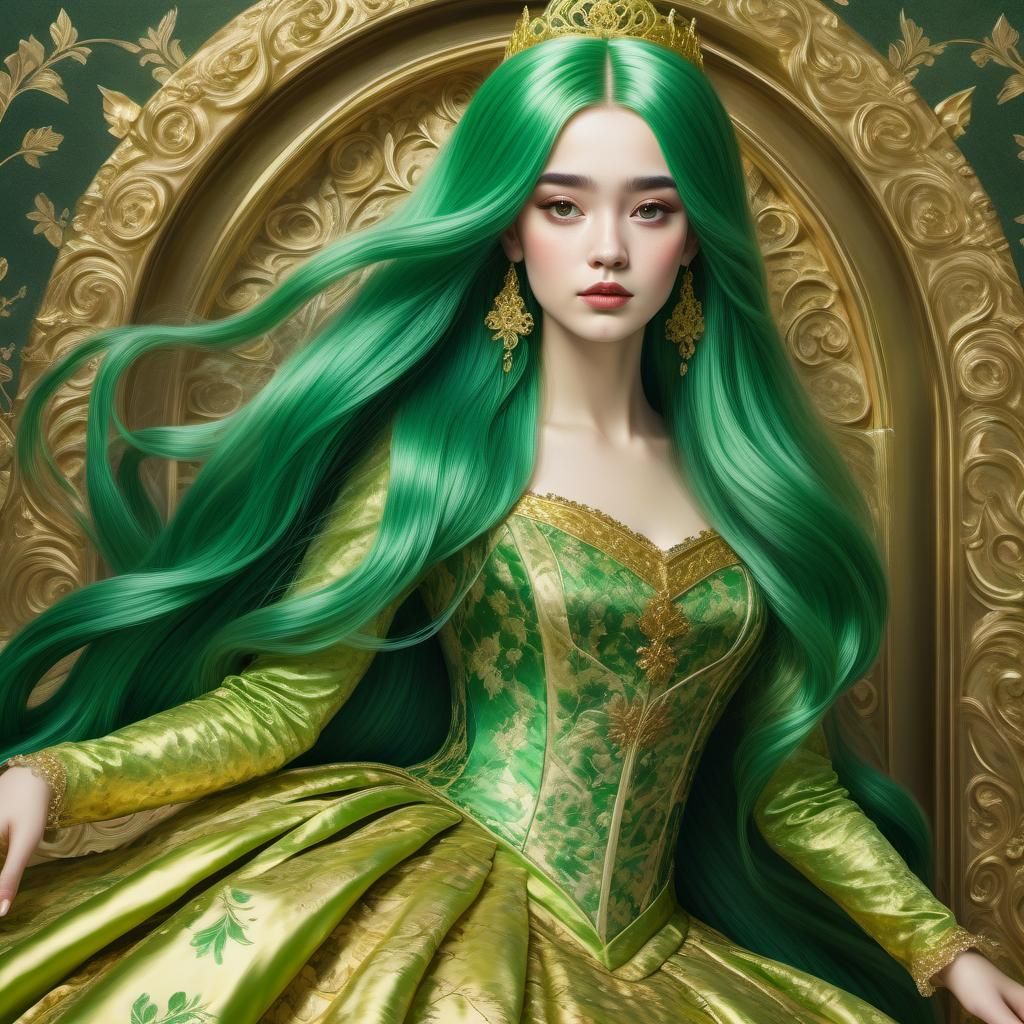 Green-Haired Princess in Golden Gown: Hyperrealistic Art
