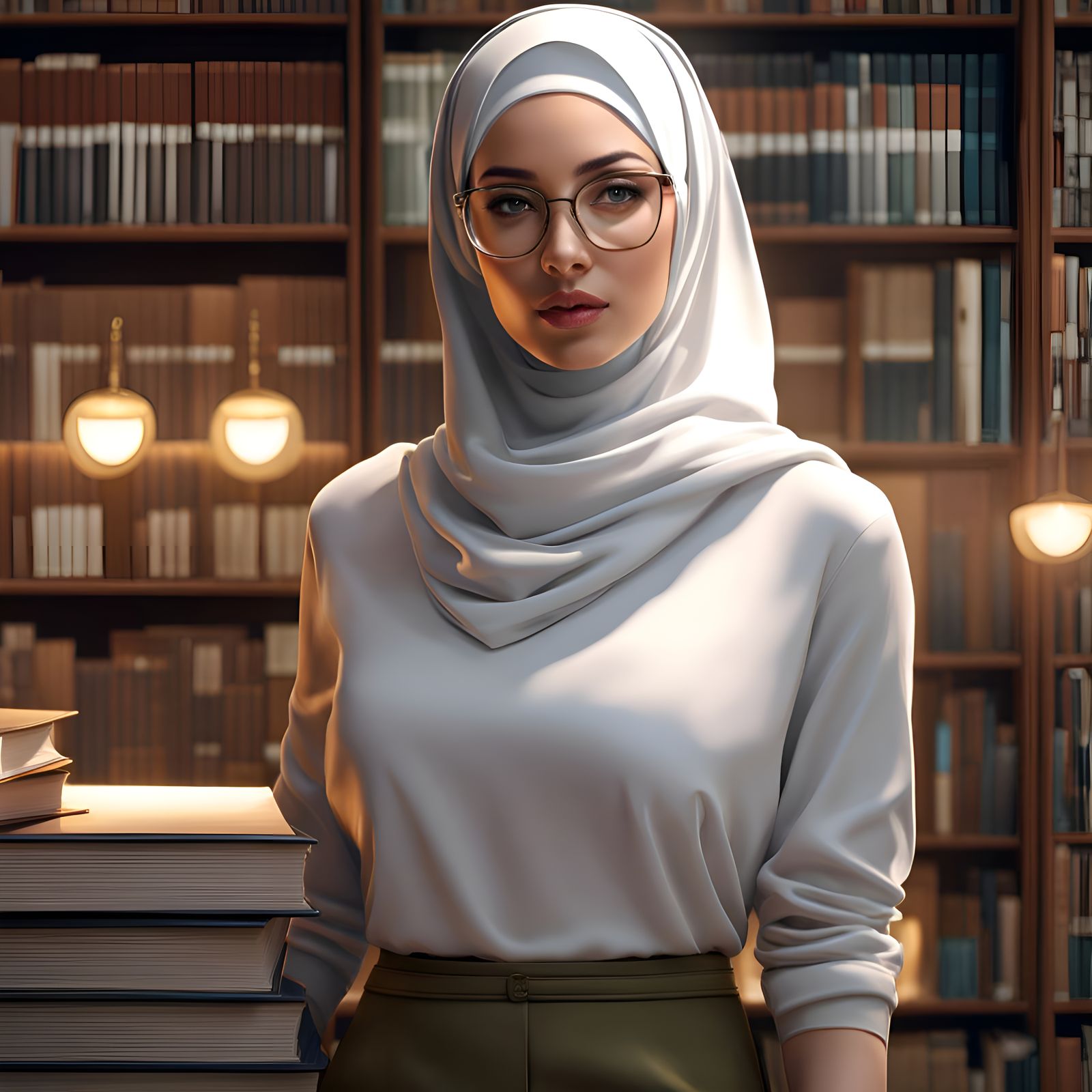 Hijabi Librarian in Library Setting, Digital Art