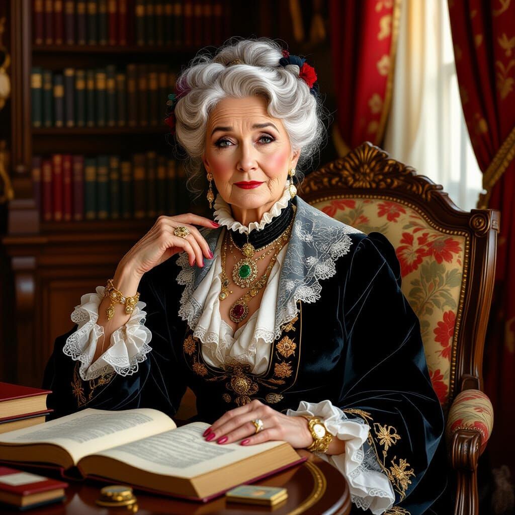 Elegant Elderly Woman in Lavish Room, Classical Realism