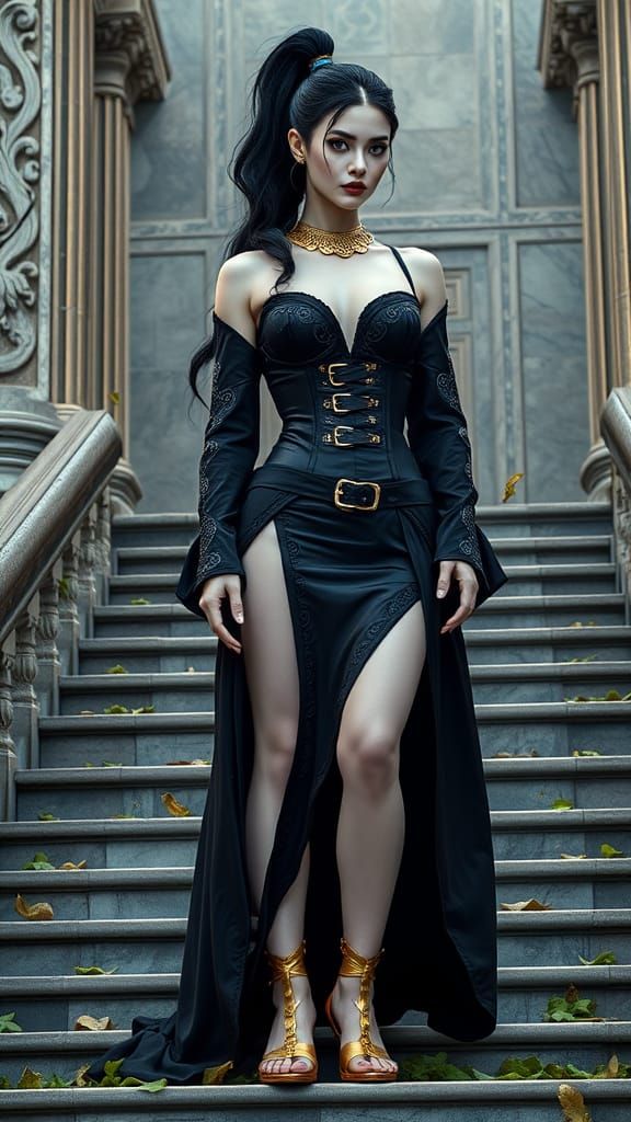 Supernatural Goddess in Elaborate Robes and Latex Corset