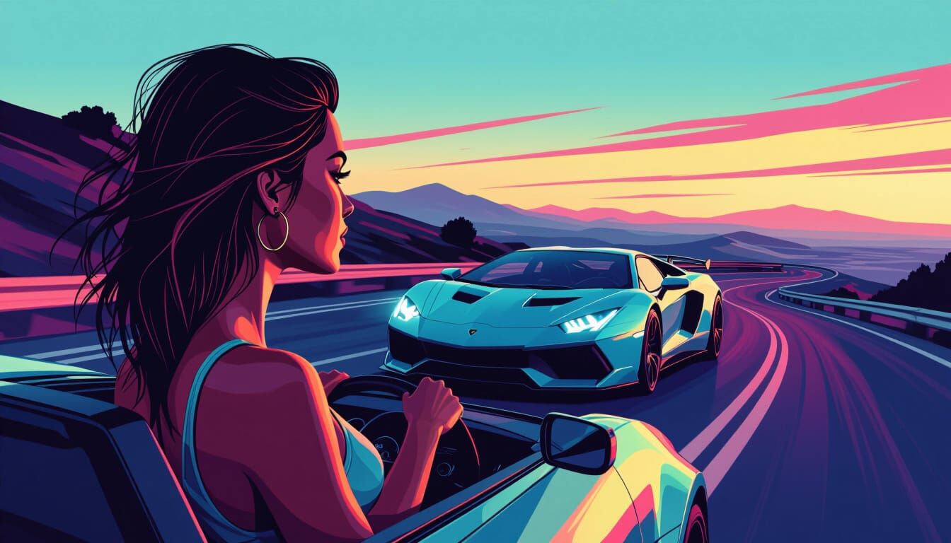 Woman Driving Sports Car in Animated Style