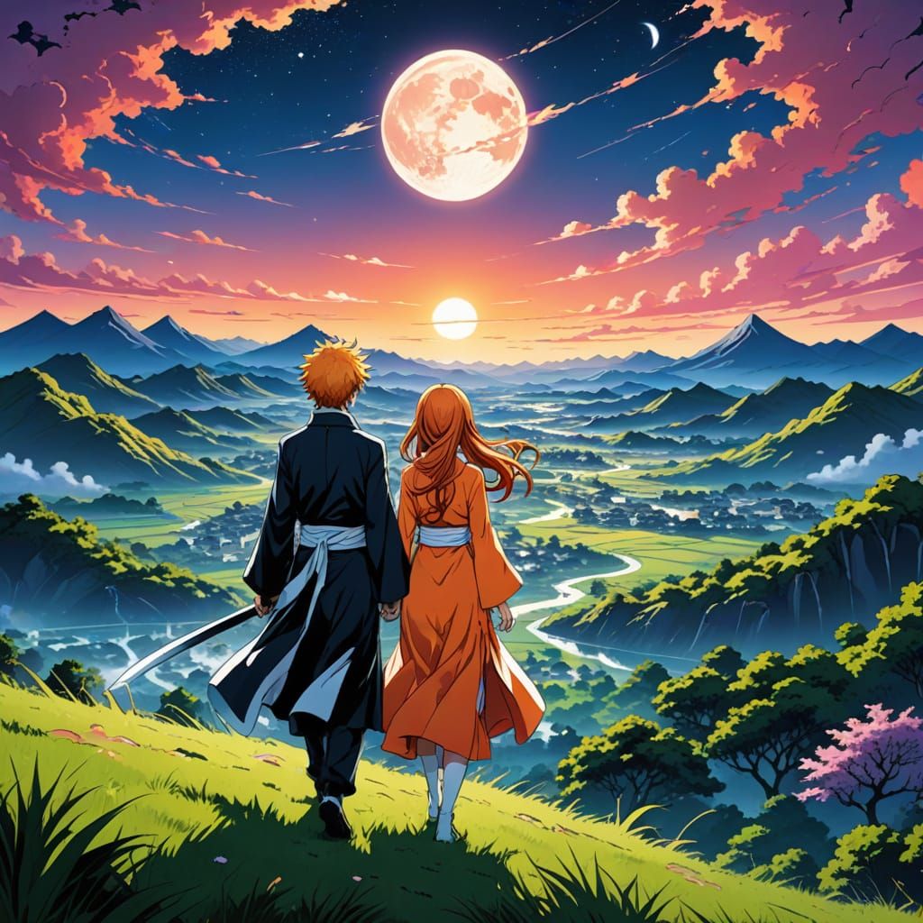Anime-Inspired Ichigo and Orihime Under Moonlit Skies