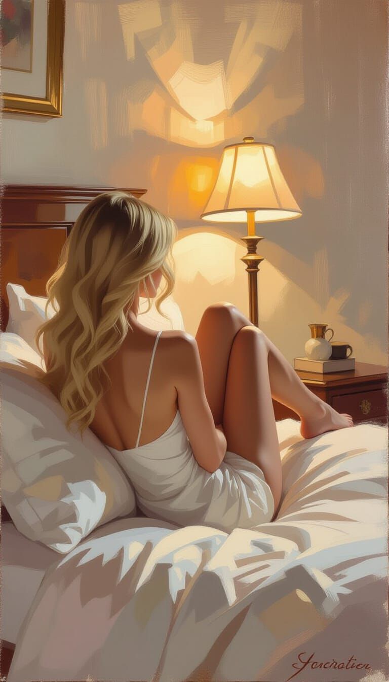 Blonde Woman Relaxing on Pillows in Dim Bedroom