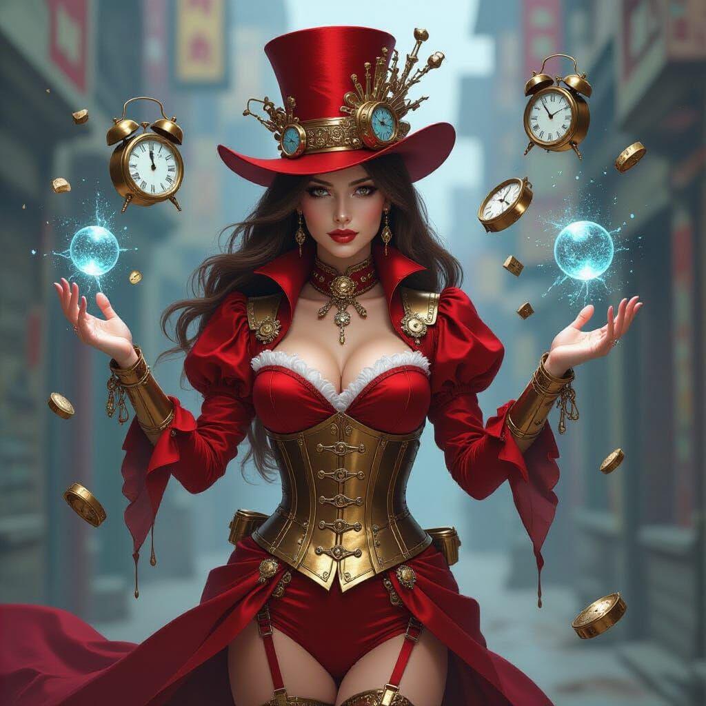 Steampunk Alchemist Bending Time with Clockwork and Blueprin...