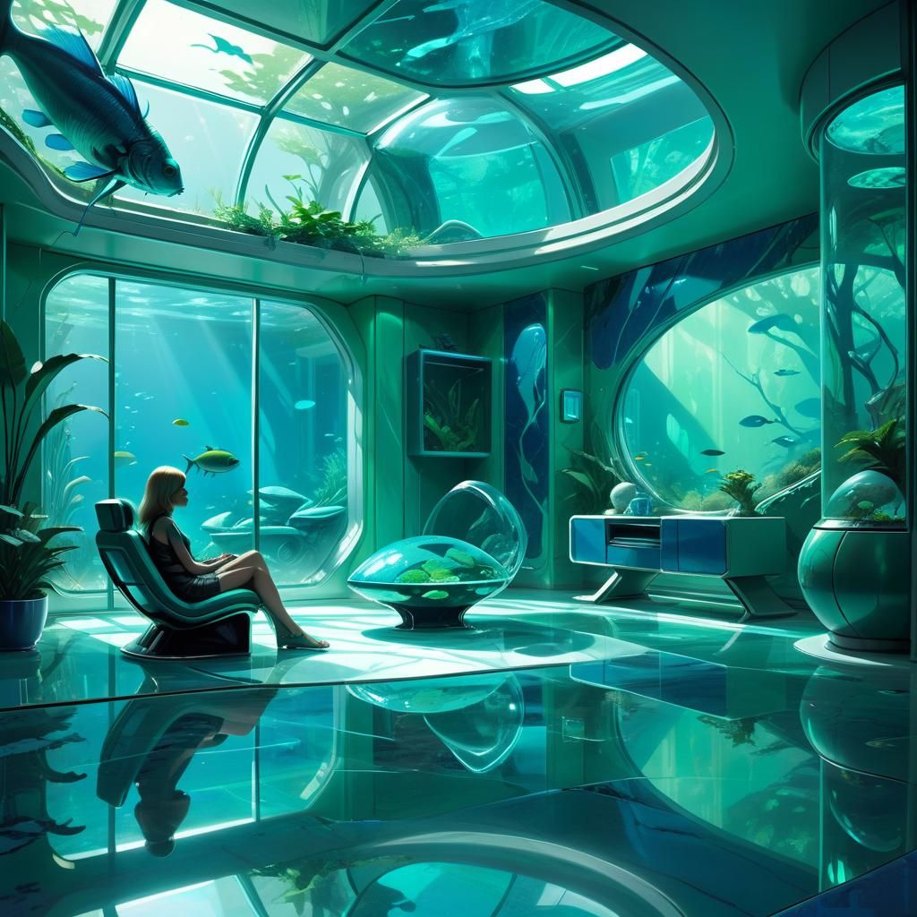 Futuristic Living Room with Aquarium in Hyper-Realistic Styl...