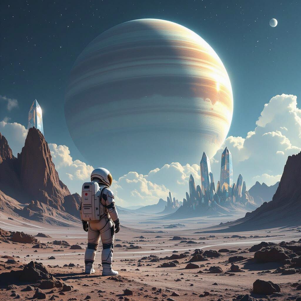 Astronaut Gazes at Alien Planet's Gas Giant Sky