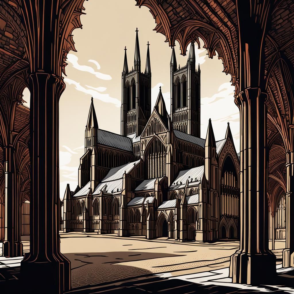 Lincoln Cathedral Linocut: Detailed Matte Painting
