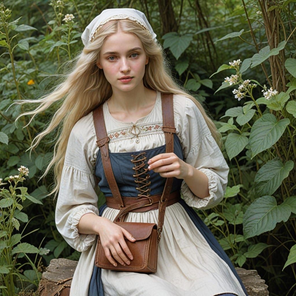 Medieval Maiden Tends to a Wounded Bird in a Lush Garden