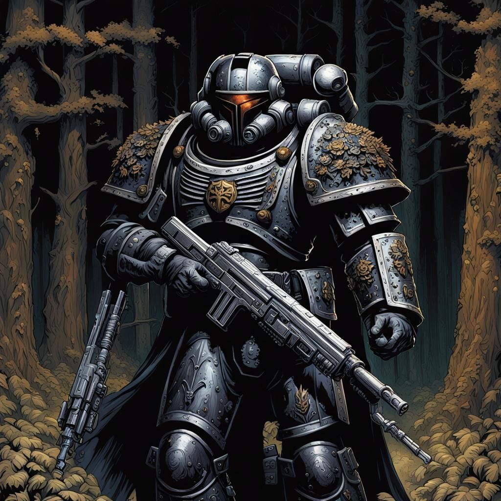 Grimdark Black Templar Space Marine in Dark Forest