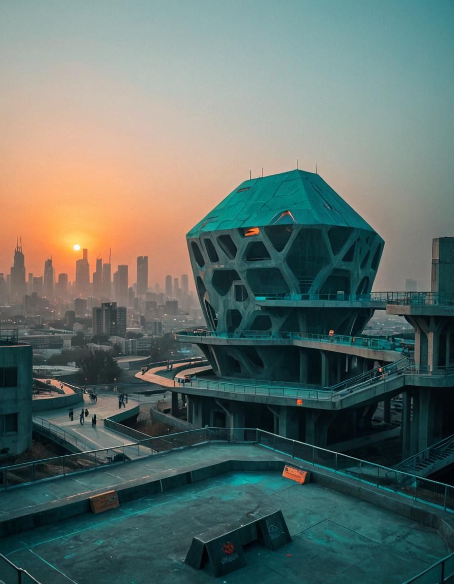 Futuristic Brutalist Skatepark with Neon Cityscape