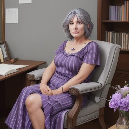 Elegant Woman in Purple Dress Sitting in Study