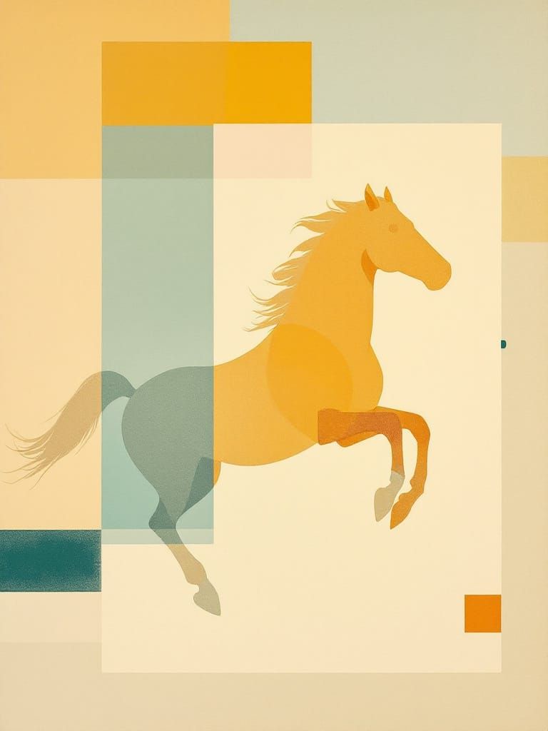 Gold Horse Leaping Through Abstract Planes in Warm Minimalis...