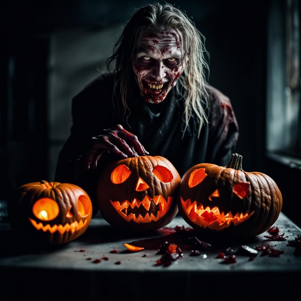 Zombie Carving Pumpkins in Front of Ghost