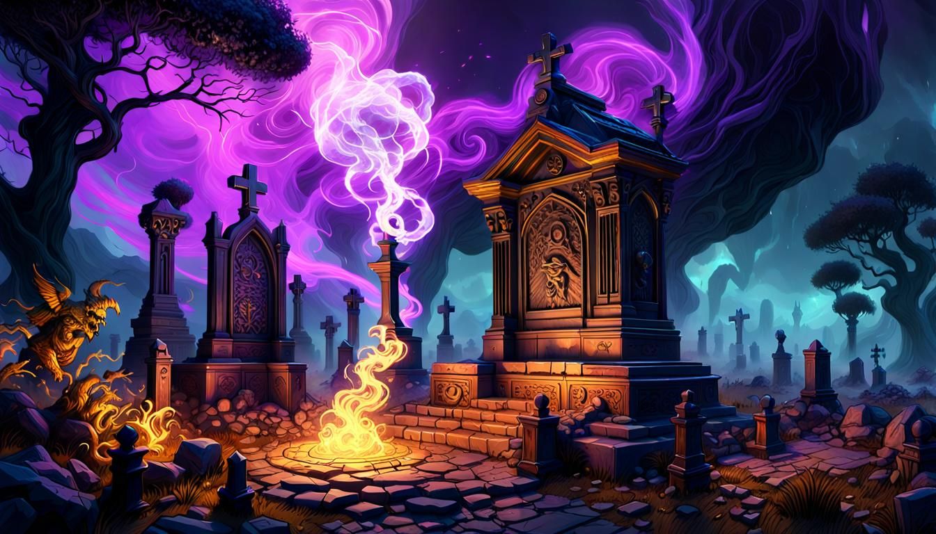 Dark Fantasy Grave with Rising Smoke, Detailed Concept Art