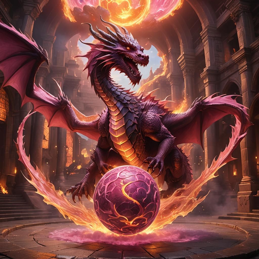 Pink Fire Dragon Guarding Super Ball in Arena