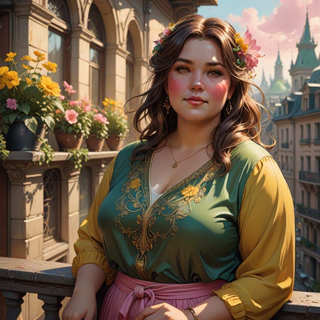 Sultry Woman in Vibrant Colors on a Balcony